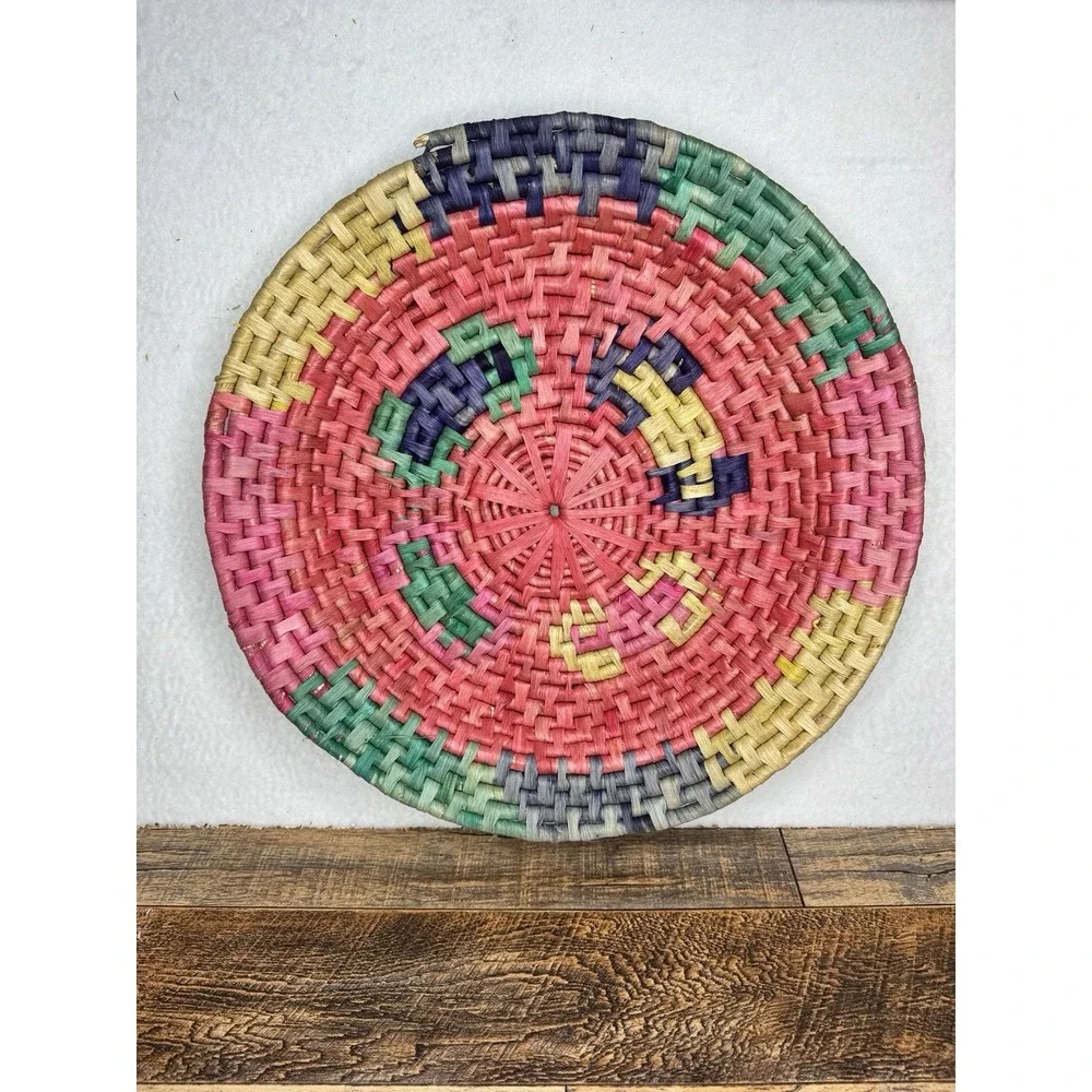 Vintage PIER ONE IMPORTS Large Hand Woven Straw Basket Bowl Tray Fiesta Decor